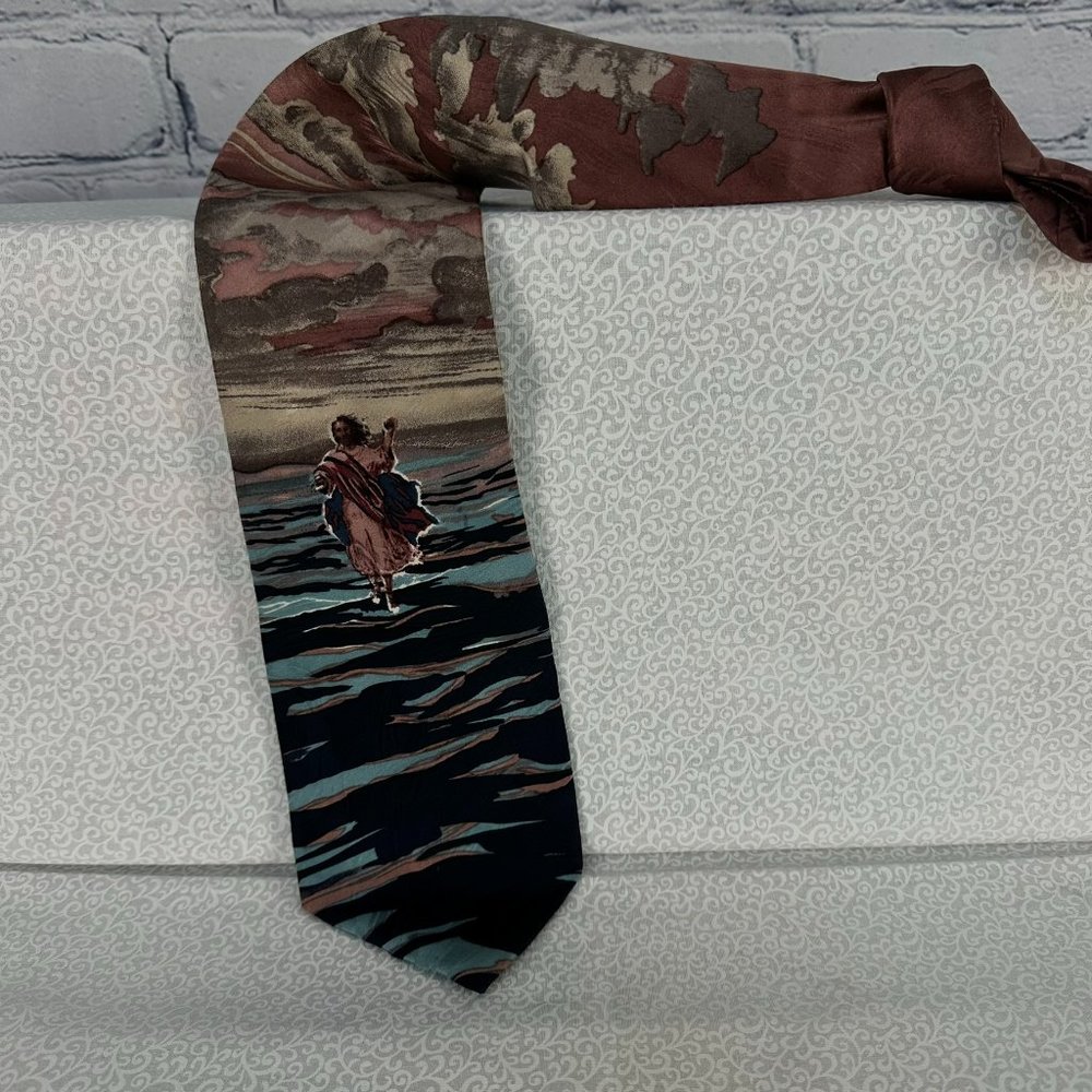 Free Man Apparel 100% Silk Jesus Walking On Water Religious‎ Neck Tie, 4" Wide